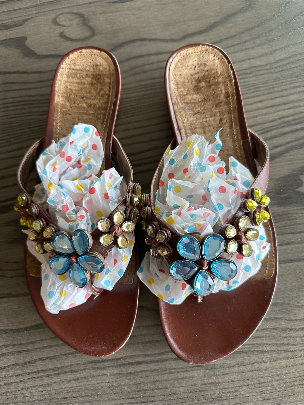 Kenneth Cole Reaction Brown Slide Sandals with Blue and Yellow Gem Flowers
